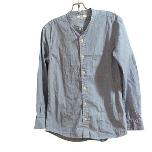 Uniqlo Men’s Medium Blue White Stripe Button Up Shirt Mandarin Collar Casual